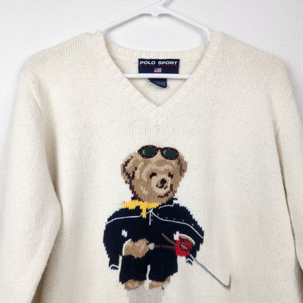 Vintage Ralph Lauren Polo Sport Bear Golf Sweater Cream Large Women Crewneck - Picture 3 of 9